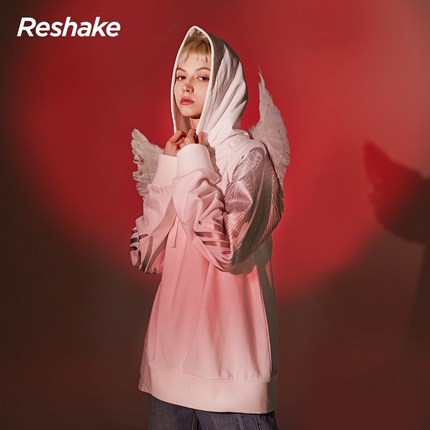 reshake华菲型格潮牌2020春新款吉承连帽翅膀印花撞色卫衣