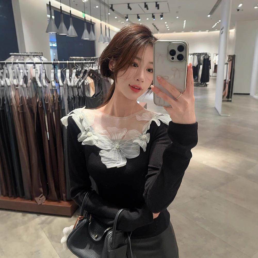 一字肩长袖T恤女2026年春秋新款蕾丝修身针织长袖内搭打底衫上衣