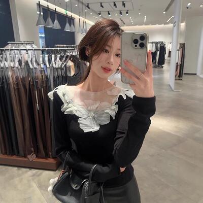 一字肩长袖T恤女2026年春秋新款蕾丝修身针织长袖内搭打底衫上衣