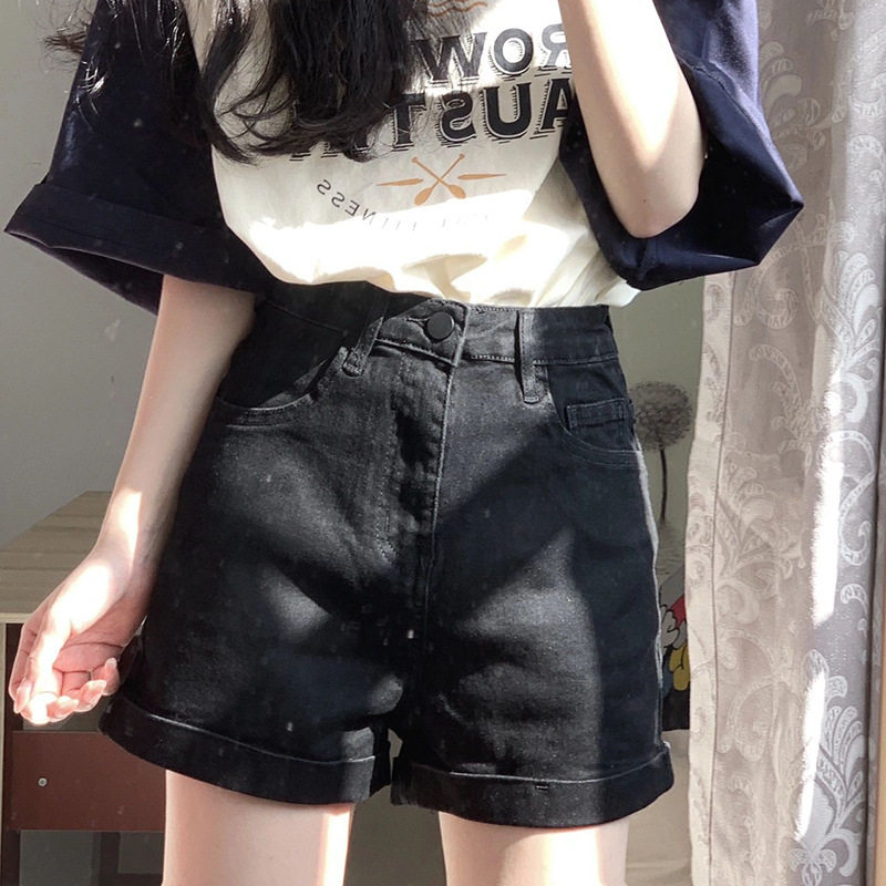 黑色牛仔短裤女2026年夏季新款复古高腰小个子卷边直筒热休闲裤子