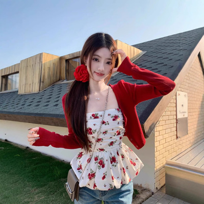 碎花抹胸背心上衣女2026春夏新款红色开衫外套防晒长袖修身两件套