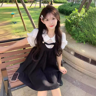 学生假两件连衣裙女2025夏季 裙子 新款 小个子清纯甜美娃娃领衬衫