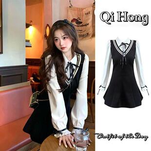 学院风假两件连衣裙子女2026春季新款小个子长袖衬衫韩版修身短裙