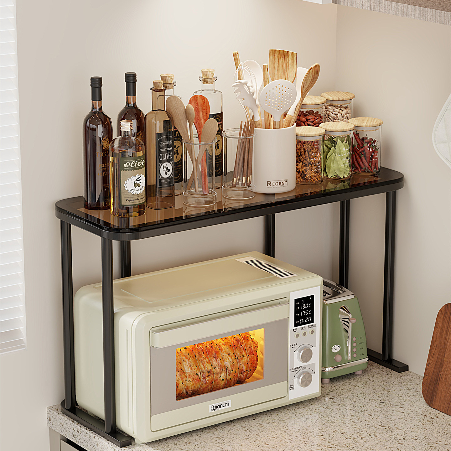 厨房微波炉置物架双层不锈钢台面收纳架灶台多功能储物架双层收纳