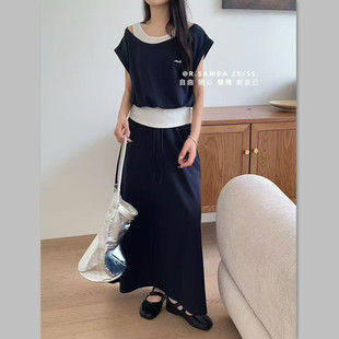 2025夏季新款韩版时尚百搭显瘦圆领假两件短袖T恤+半身裙两件套装