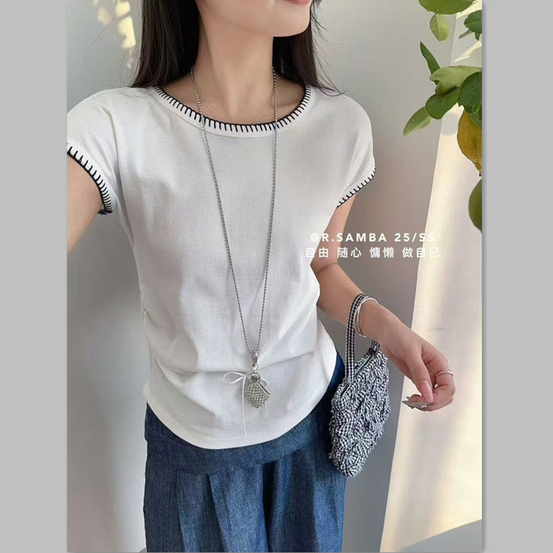2025夏季新款韩版设计感小众收腰显瘦缝线小个子短袖T恤女上衣潮