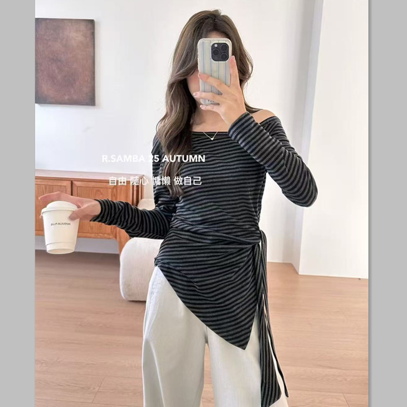 2025春季新款韩版别致辣妹斜肩条纹长袖T恤女不规则修身收腰上衣