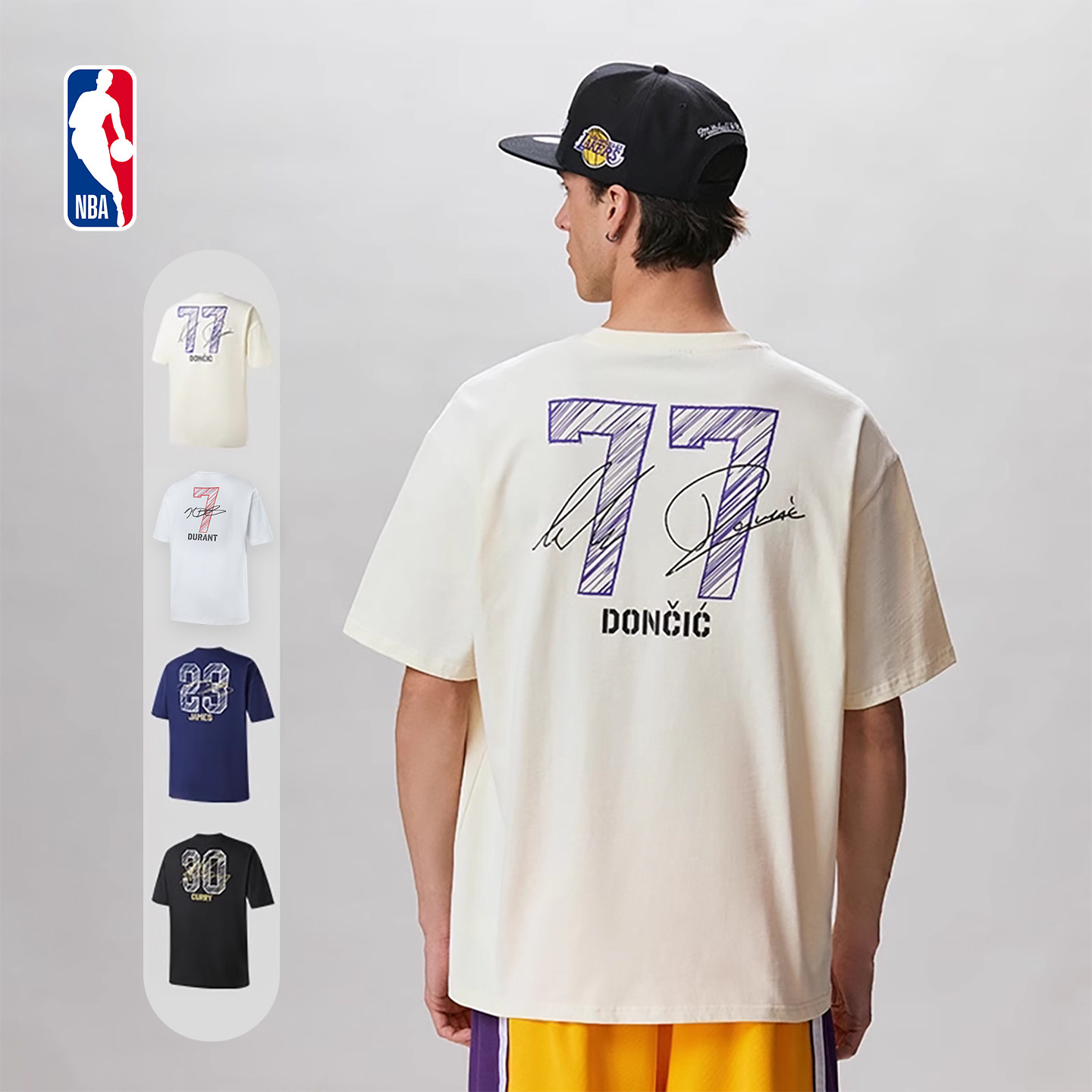 NBA官方26夏季东契奇库里杜兰特重磅纯棉宽松落肩运动短袖T恤男