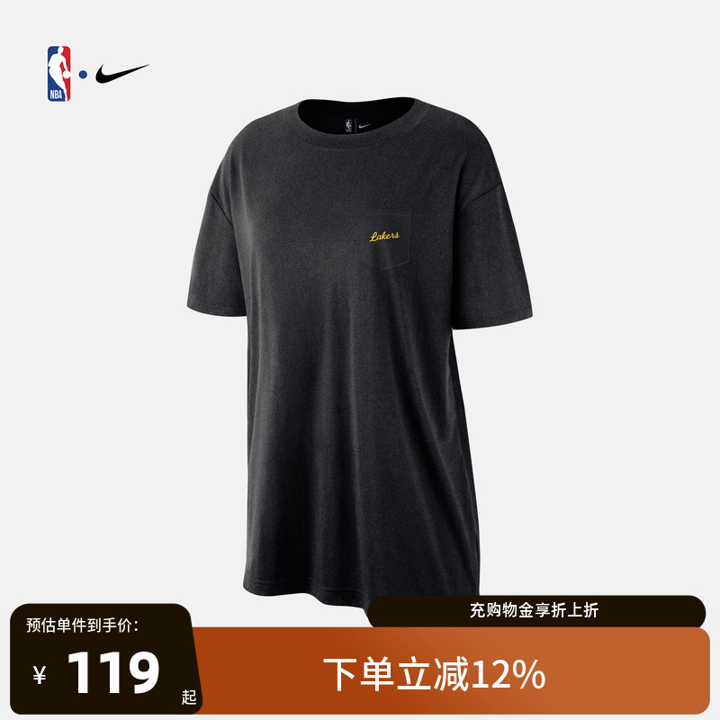 NBA官方正品-Nike耐克湖人队秋季女子运动休闲口袋T恤黑圆领短袖