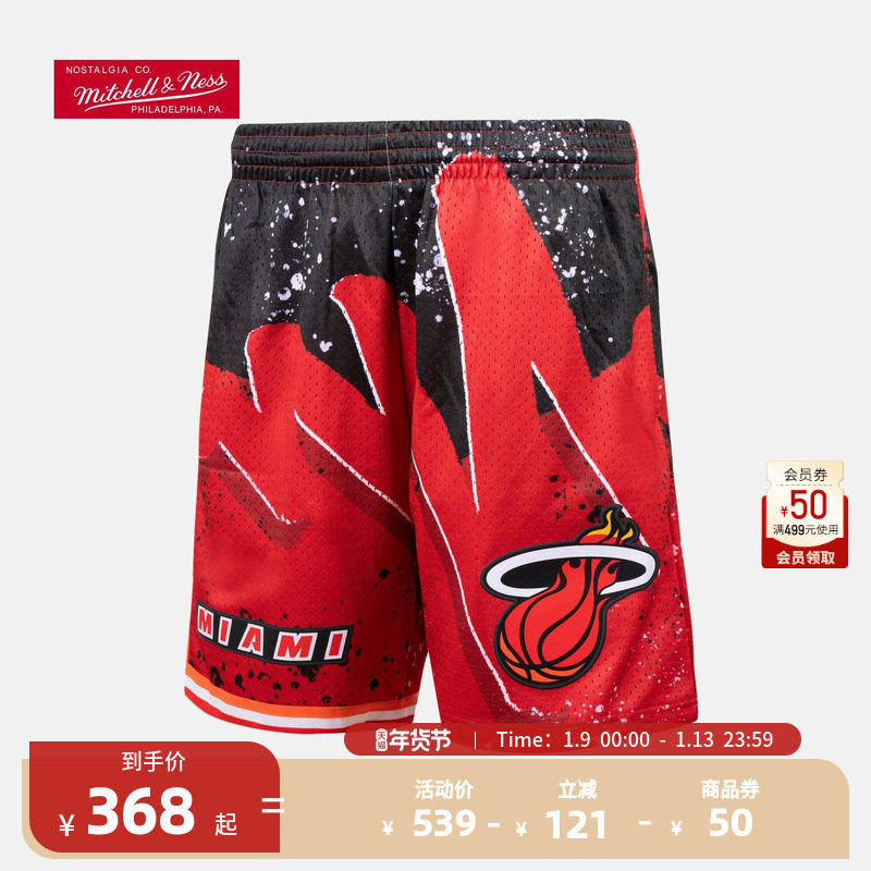 MITCHELL & NESS官方NBA热火队复古球裤 SW 篮球网眼运动休闲短裤