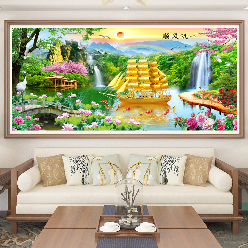 纯手工十字绣成品一帆风顺流水生财客厅风景山水大幅装饰画绣好的