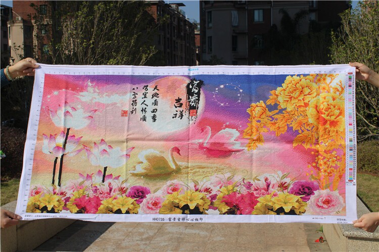 绣好的纯手工手绣十字绣成品富贵吉祥心心相印天鹅喜庆满绣风景画