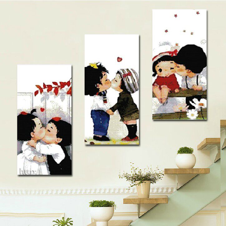 绣好的纯手工十字绣成品亲亲宝贝三联画卡通系列客厅装饰挂画成品
