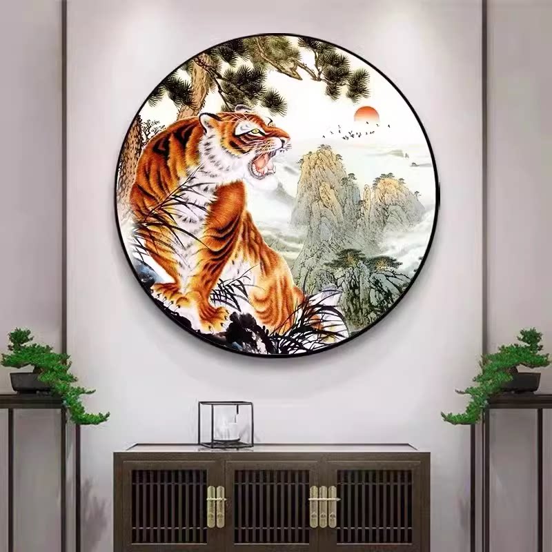 纯手工十字绣成品猛虎气象虎啸山林老虎新款圆形客厅玄关小幅挂画