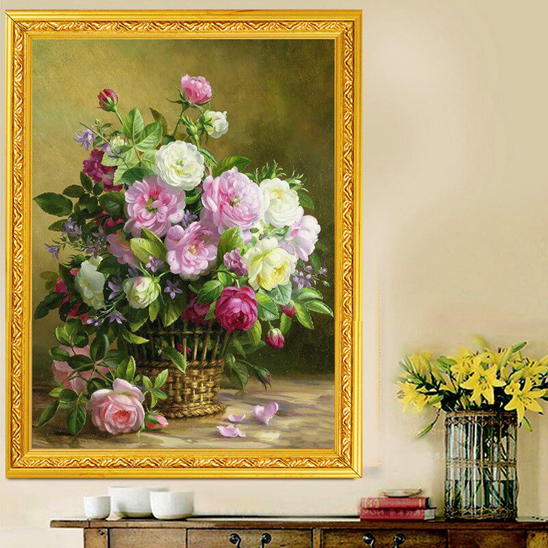 纯手工十字绣成品高端蓝玫瑰花篮小幅卧室简约现代新款客厅装饰画