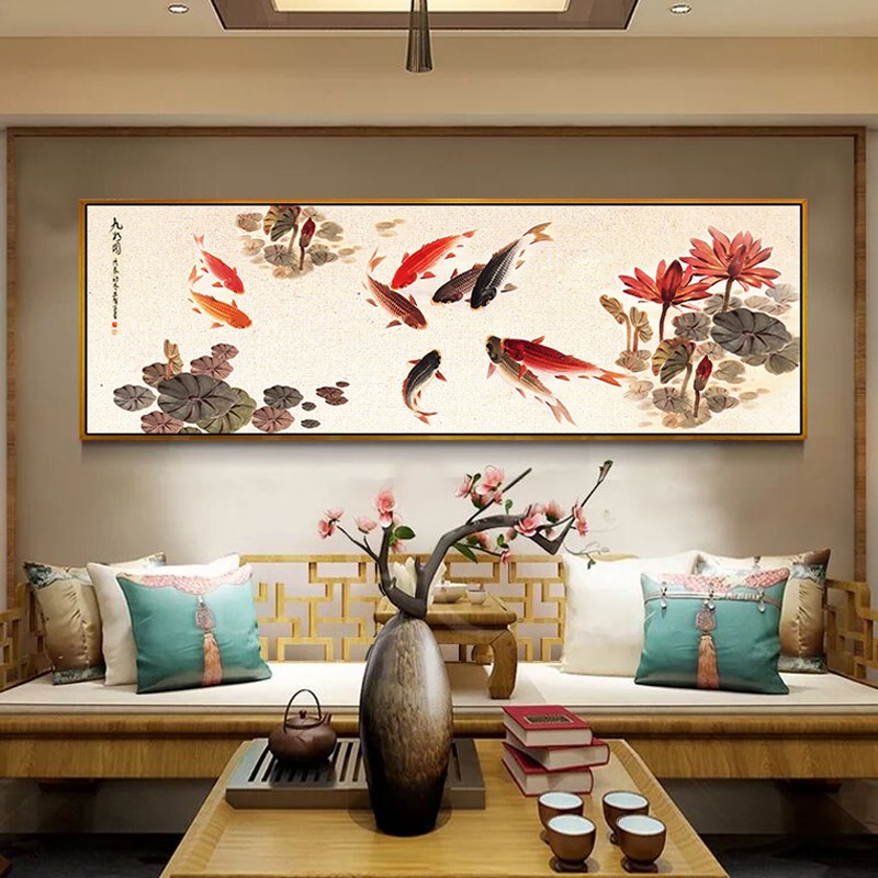 纯手工十字绣成品新款客厅风水大幅挂画荷花九鱼聚财