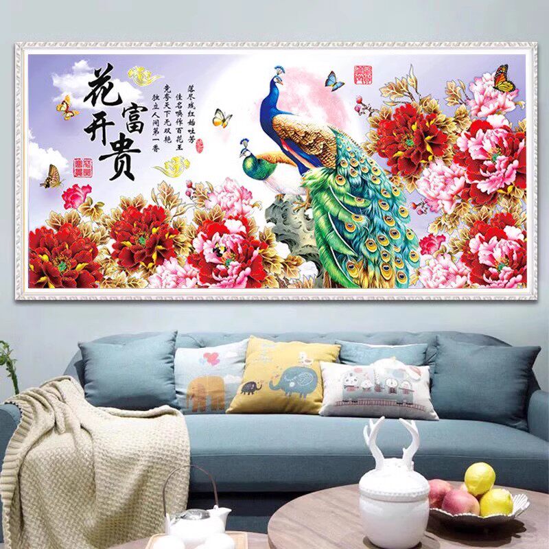十字绣成品花开富贵孔雀图纯手工