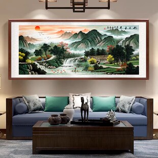 纯手工十字绣成品旭日东升流水生财新款客厅山水挂画已绣好的出售