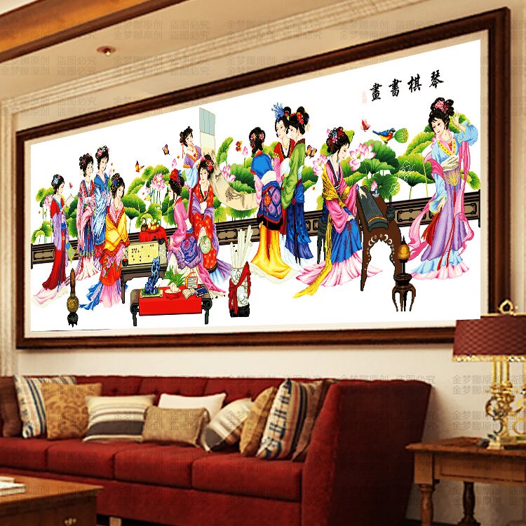 纯手工十字绣成品琴棋书画荷花版十二美女金钗仕女图已绣好的出售