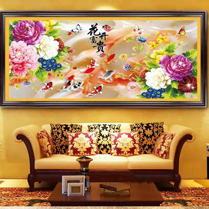 纯手工贴好的花开富贵九鱼图钻石画成品半钻新款客厅简约现代挂画
