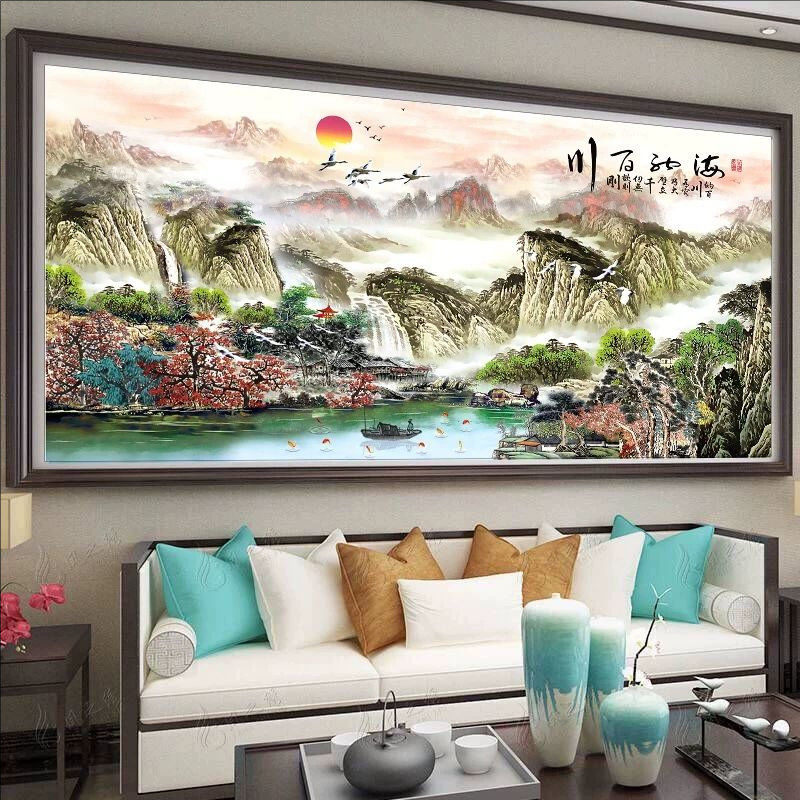 纯手工绣好的十字绣成品海纳百川