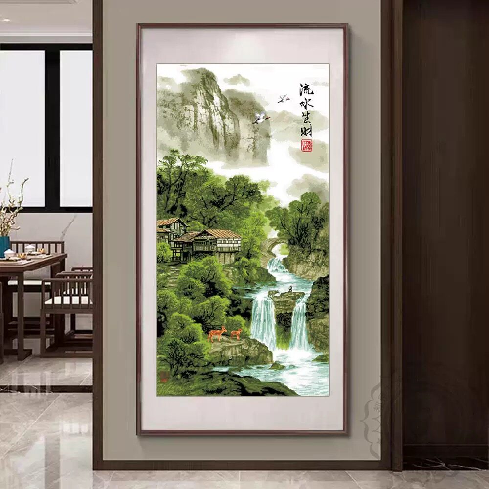 流水生财竖版十字绣成品纯手工客厅玄关满绣风景山水新款中式挂画