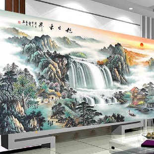 手工刺绣好的旭日东升十字绣成品流水生财满绣客厅大幅风景山水画