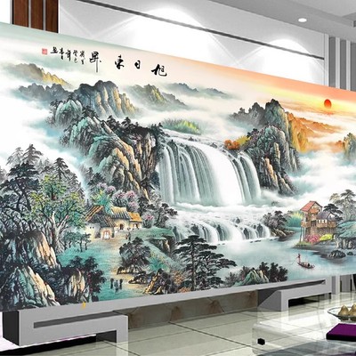 旭日东升十字绣成品山水画绣好的