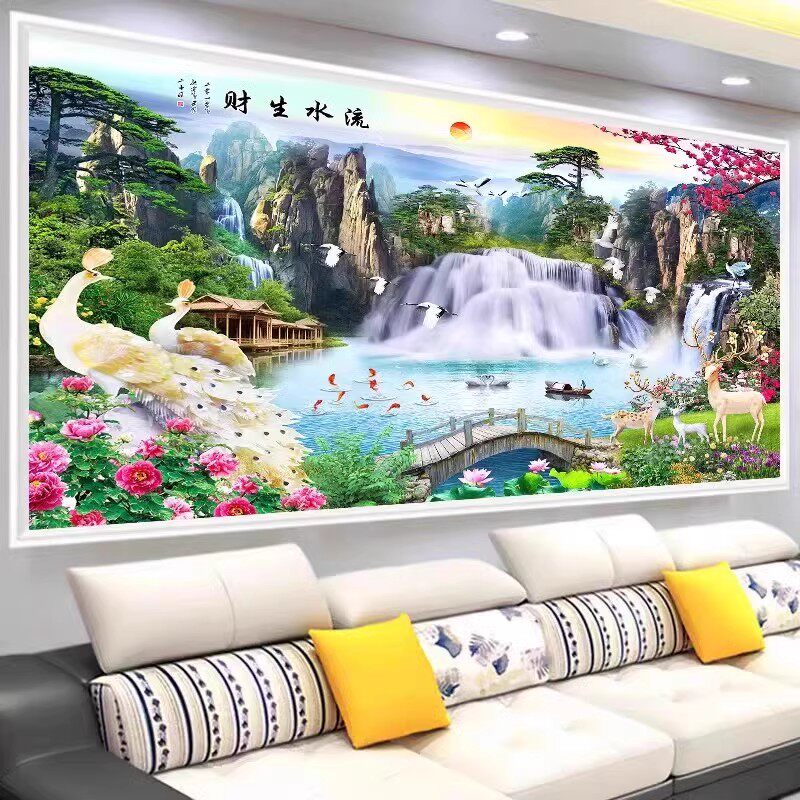 流水生财十字绣成品孔雀山水挂画