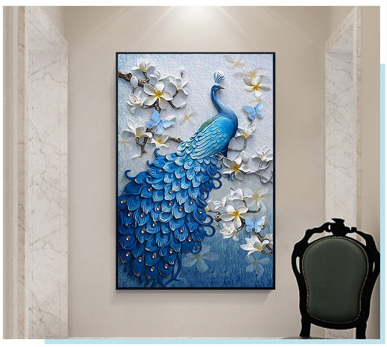 纯手工贴好的钻石画成品5D满钻新款孔雀竖版客厅玄关点钻石十字绣