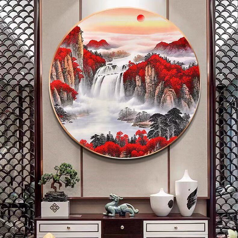 纯手工绣好的十字绣成品鸿运当头聚宝盆圆形客厅玄关小幅山水挂画