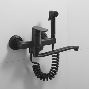 黑色全铜厨房龙头入墙式拖把池洗菜盆阳台洗衣池冷热水龙头带喷枪