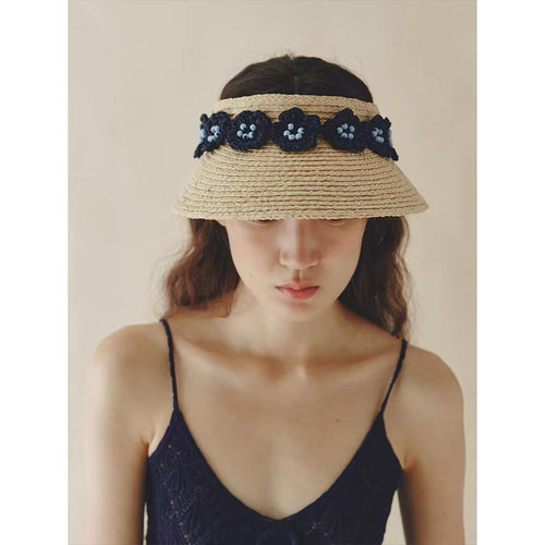 Pretty Axia拉菲草手工编织法式复古夏花边防晒帽女遮阳帽
