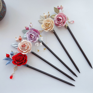 非遗缠花流苏发簪牡丹花发饰新中式古风木簪子汉服旗袍盘发发钗
