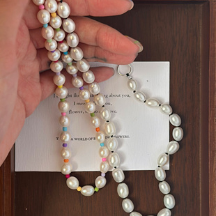 734推荐 大尺寸天然淡水大珍珠项链8*12mm彩色多巴胺纯锁骨链