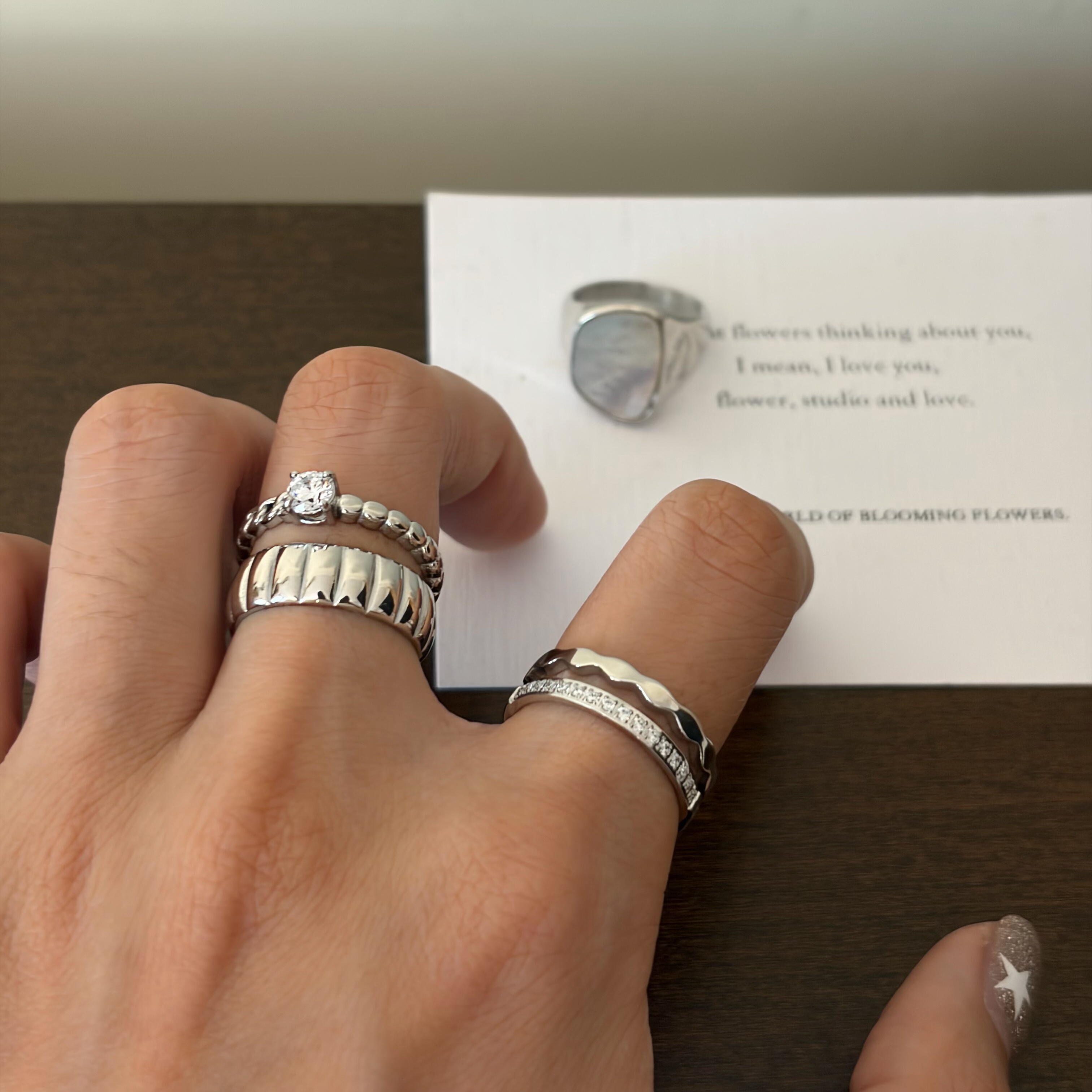 734钛钢不掉色开口白金色戒指可调节亮晶晶食指戒洗手不用摘