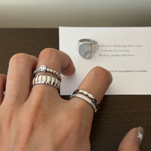 734钛钢不掉色开口白金色戒指可调节亮晶晶食指戒洗手不用摘