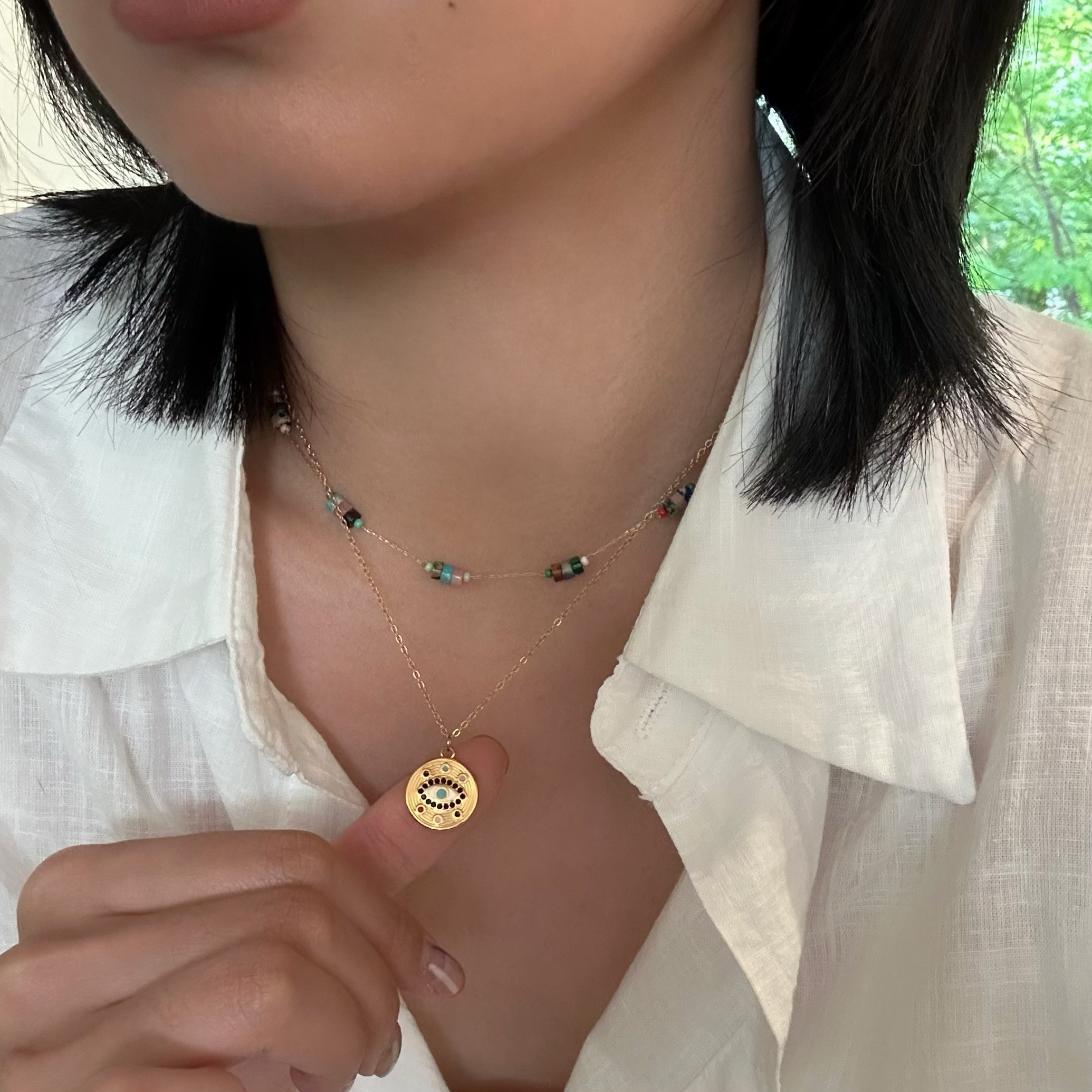 734钛钢复古波西风眼睛石叠搭串珠锁骨链高级感项链欧美ins风