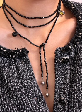 734钛钢加长亮晶晶黑色多层项链珍珠毛衣链