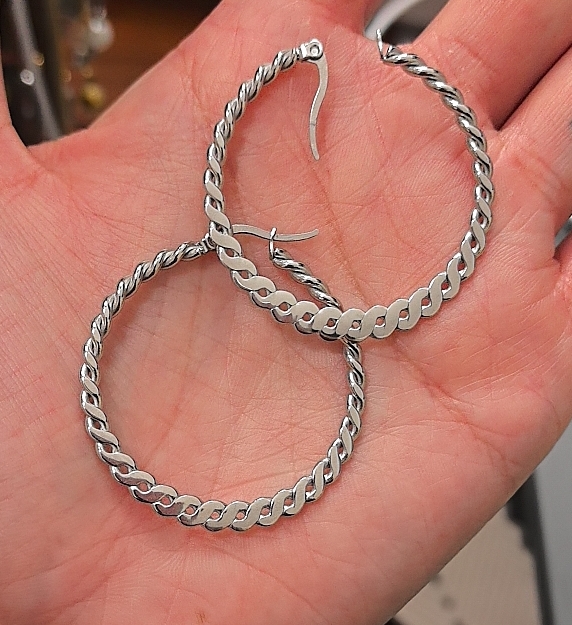 734钛钢不掉色麻花大圈圈耳环白金色精工轻盈版本耳圈