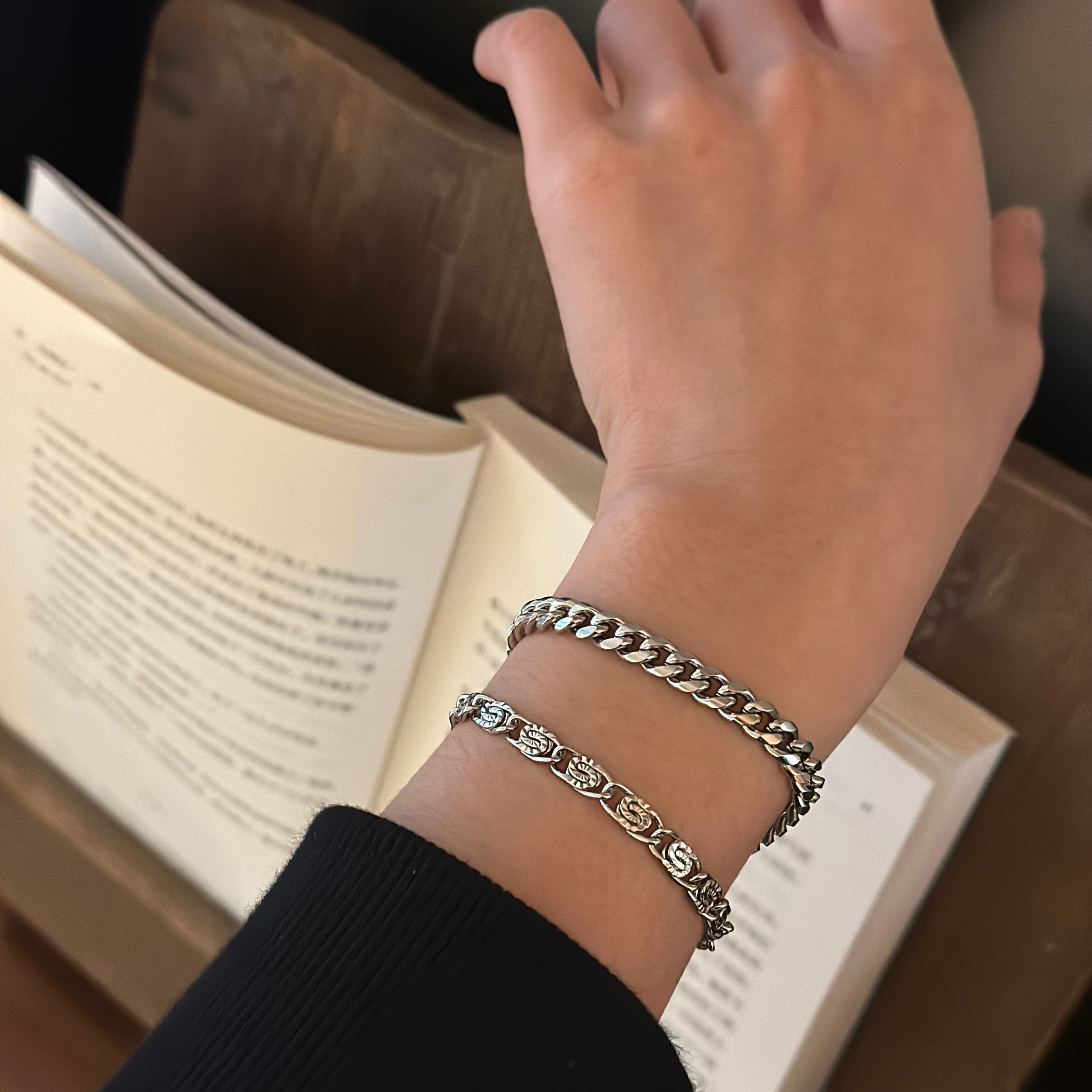 734钛钢银色古巴细车花不掉色手链欧美风复古简约中性链条手饰