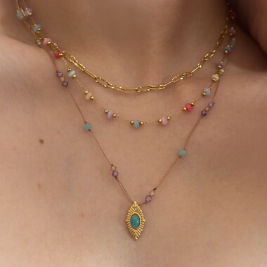 734钛钢多层叠搭彩色锁骨项链多巴胺度假金色项链