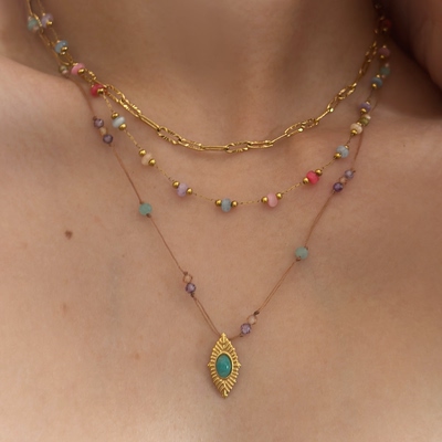 734钛钢多层叠搭彩色锁骨项链多巴胺度假金色项链