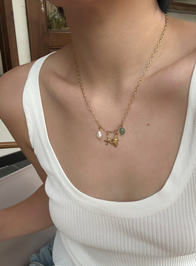 法式复古哑光钛钢海星贝壳吊坠天然淡水珍珠精致短款项链锁骨链