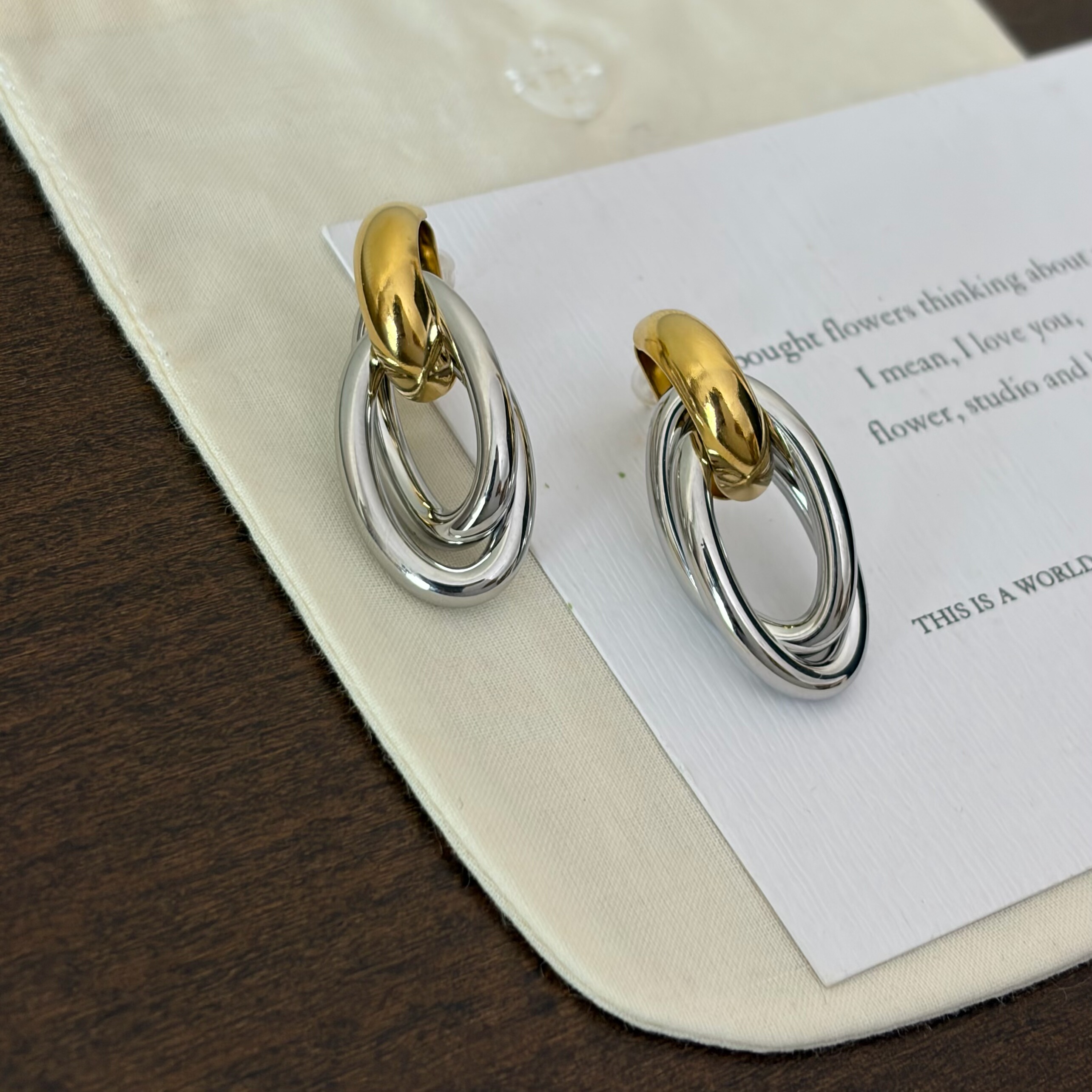 734钛钢金银拼色欧美夸张圈圈耳钉