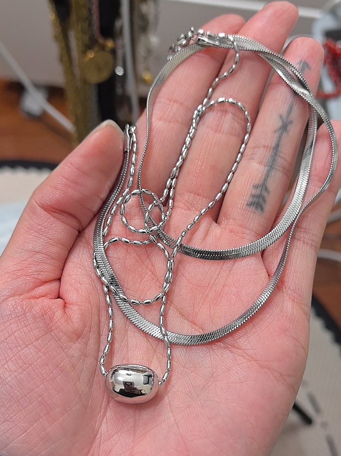 734钛钢白金色双层珠珠项链圆球蛇骨链假两件洗澡不掉色锁骨链