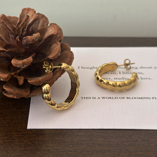 734钛钢实心胖胖竹节耳钉欧美精致通勤C型复古日常耳环