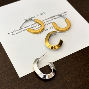 C字形耳环简约圈圈女高级感小众百搭耳饰 734钛钢双面拼色欧美时尚