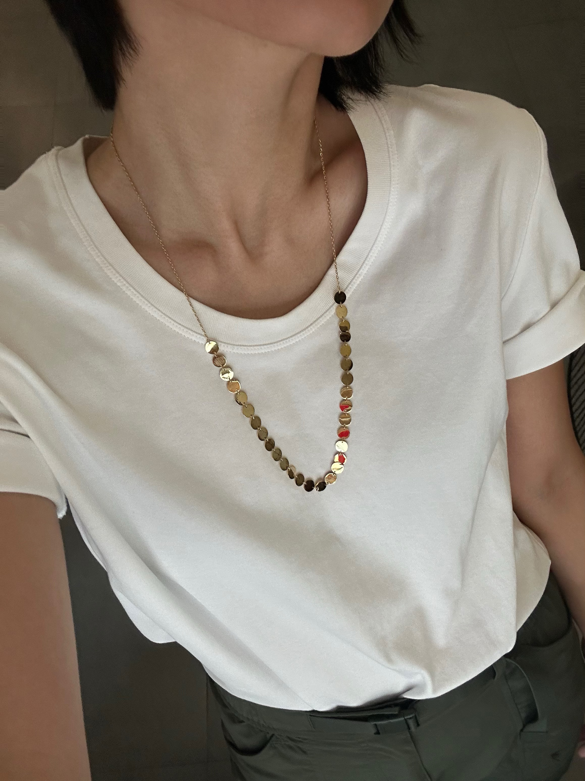 734简约钛钢项链精工亮面圆片叠搭加成毛衣链高级