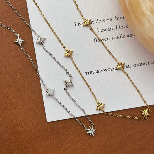 734钛钢八芒星项链星光点点镶嵌温柔气质简约高级金色精致锁骨链
